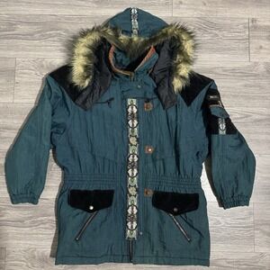 Vintage 80's Learsi Women M Green Hooded‎ Velvet Accents Tribal Aztec Zip Puffer